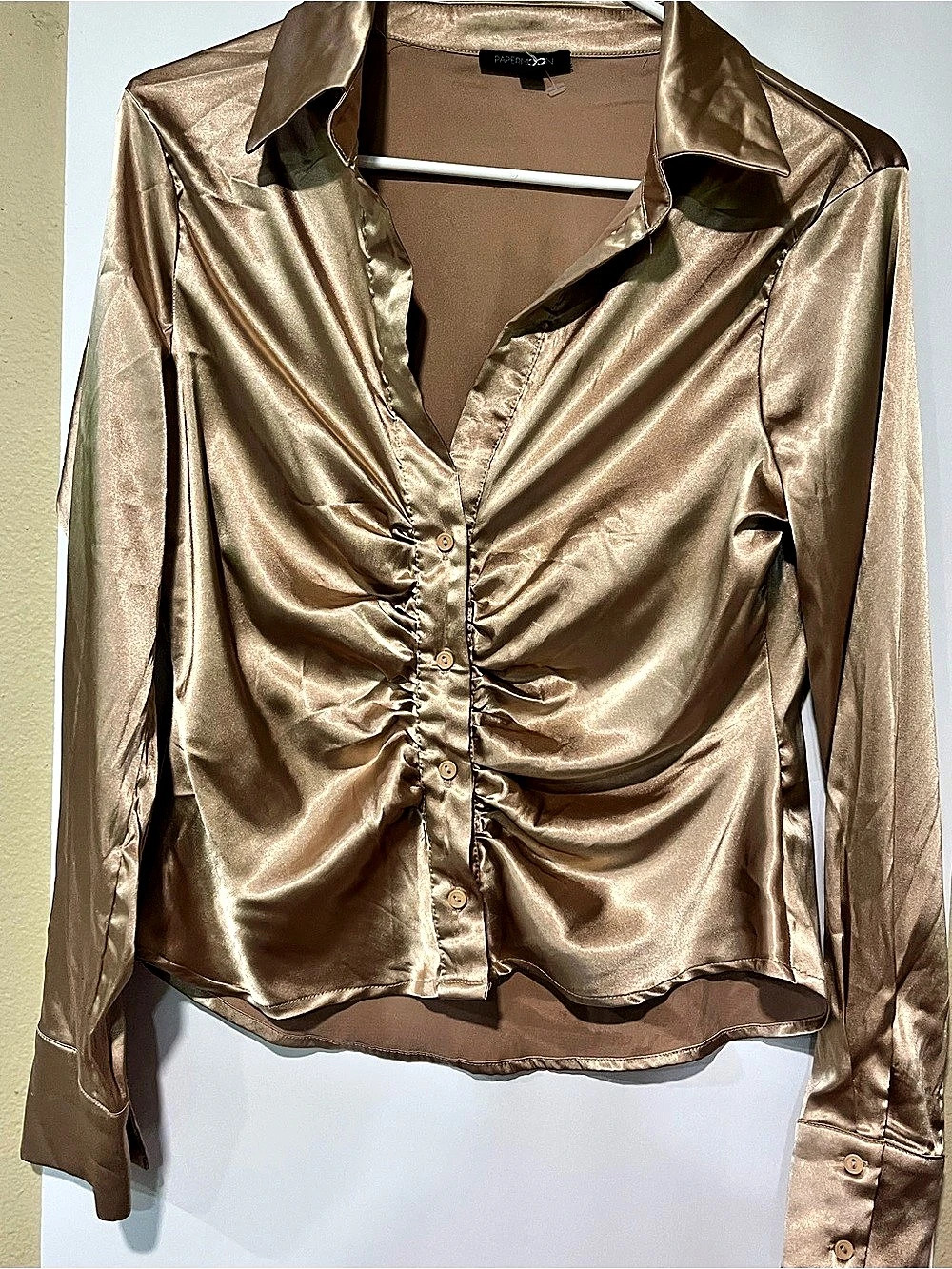 PAPERMOON Ruched Satin Blouse in Pink Size Medium
